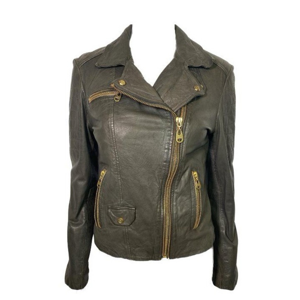 DOMA Gray Leather Moto Jacket with Gold Hardware